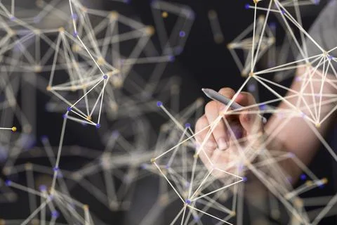 3D illustration of interconnected lines with hand holding a pen on background Stock Photos