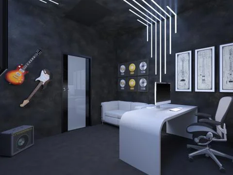 3D illustration of interior design of an office fate of the guitarist Stock Illustration