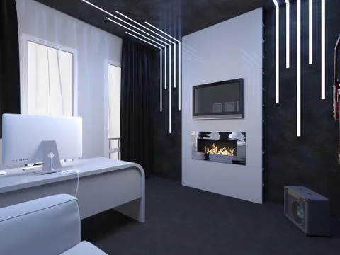 3D illustration of interior design of an office fate of the guitarist Stock Illustration