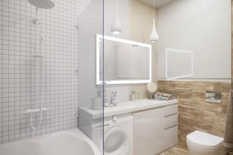 3d illustration of an interior design of a white minimalist bathroom Stock Illustration