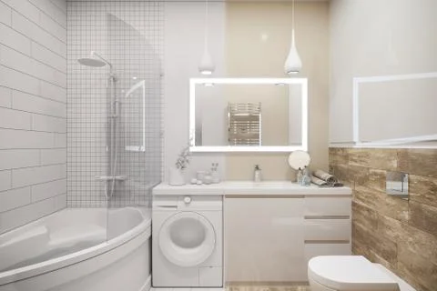3d illustration of an interior design of a white minimalist bathroom Stock Illustration