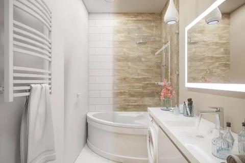 3d illustration of an interior design of a white minimalist bathroom Stock Illustration