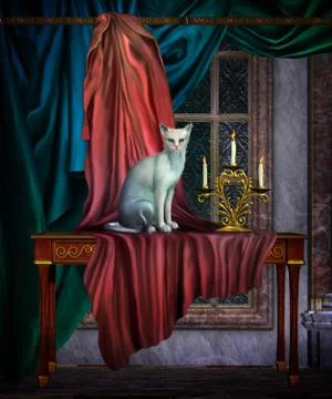 3d illustration of interior of house with a white cat and drapes Stock Illustration