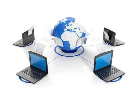 3d illustration of internet technology. group laptop, transferring files over Stock Illustration