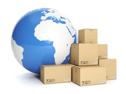 3d illustration of internet technology. model of land and a group of cardboar Stock Illustration