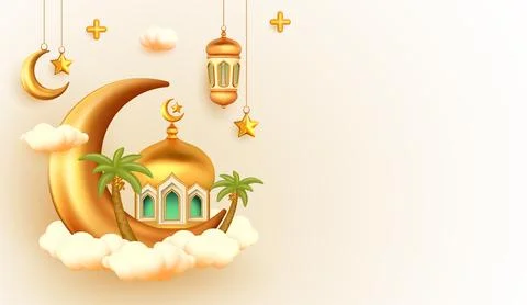 3d illustration Islamic background with mosque, crescent, moon star, lanter.. Stock Illustration