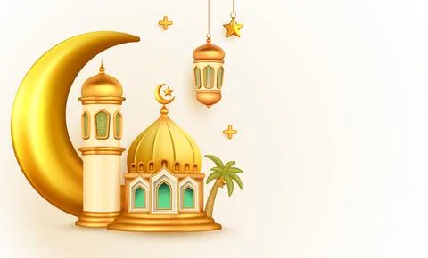3d illustration Islamic background with mosque, crescent, moon star, lanter.. Stock Illustration