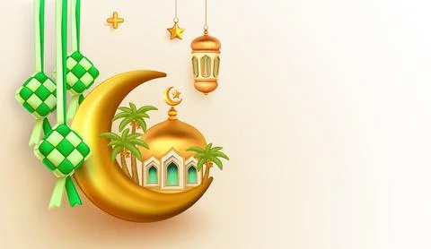 3d illustration Islamic background with mosque, crescent, moon star, lanter.. Illustrazione stock