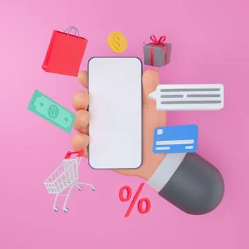 3d illustration isolated on a colored background.Hand holding mobile smart phone Stock Illustration