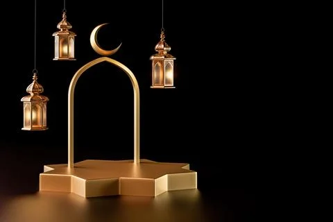 3d illustration of isolated Islamic background with ramadan lantern, crescent 스톡 일러스트