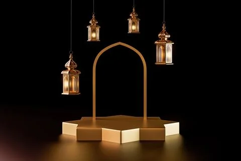 3d illustration of isolated Islamic background with ramadan lantern and golden 스톡 일러스트