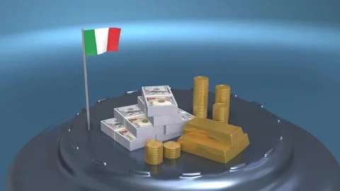 3D illustration of Italy wealth featuring stacks of dollar banknotes, gold .. Stock Footage 328664164