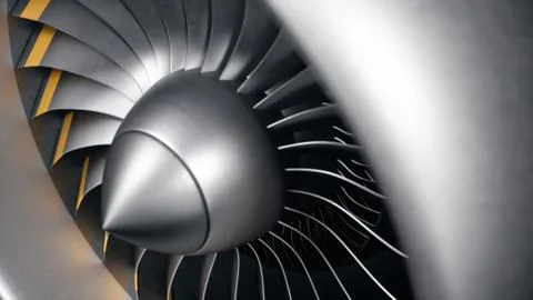 3D illustration jet engine, close-up view jet engine blades. Rotating blades of Stock Illustration