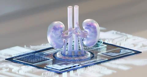 3d illustration of a kidney on a digital tablet containing medical data Stock Illustration