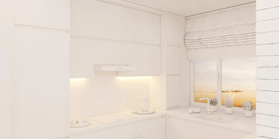 3d illustration kitchen interior design in white color Illustrazione stock