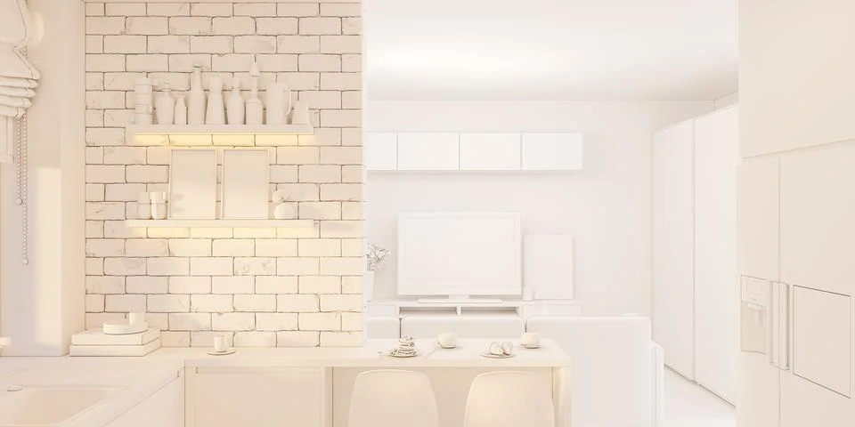 3d illustration kitchen interior design in white color Stock Illustration