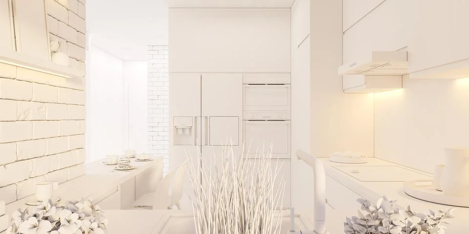 3d illustration kitchen interior design panorama in white color Stockillustratie