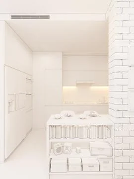 3d illustration kitchen interior design panorama in white color. Stock Illustration