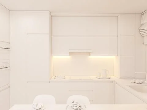 3d illustration kitchen interior design in white color Stock Illustration