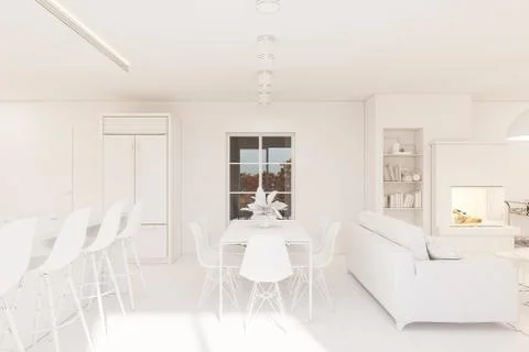 3d illustration kitchen interior design in white color Stock Illustration