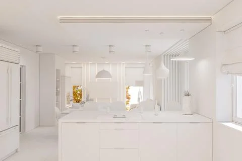 3d illustration kitchen interior design in white color Stock Illustration