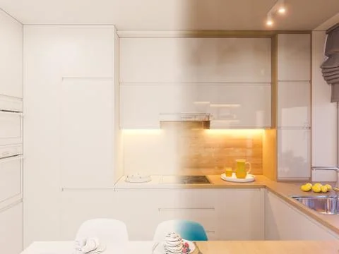 3d illustration kitchen interior design in white color Stock Illustration