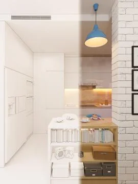 3d illustration kitchen interior design panorama in white color. Stock Illustration
