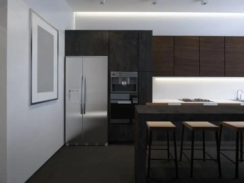 3D illustration kitchen with stone facade Stock Illustration