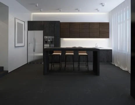 3D illustration kitchen with stone facade Stock Illustration