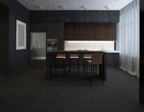 3D illustration kitchen with stone facade Stock Illustration