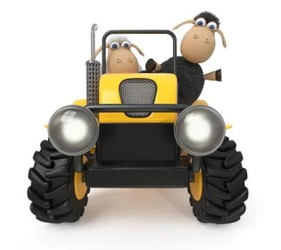 3d illustration lambs on the tractor Stock Illustration