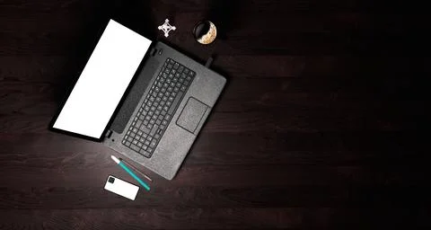 3d illustration laptop computer on desk dark wood floor with phone pen top vi Stock Illustration