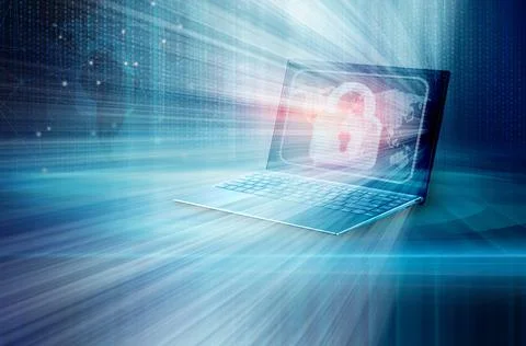 A 3D illustration of a laptop with a digital data security concept, safe Inte Stock Illustration