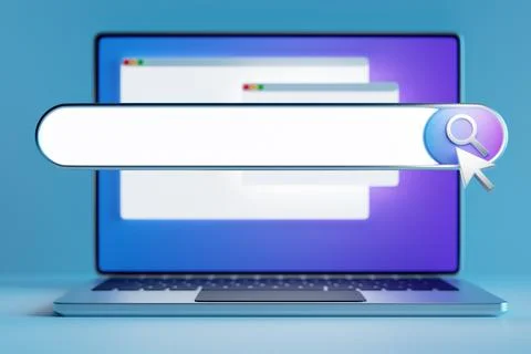 3D illustration of a laptop with an open browser tab on the screen. Internet  Stock Photos
