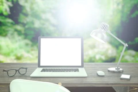 3D illustration laptop on table, Workspace on nature outdoor 스톡 일러스트