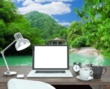3D illustration laptop on table, Workspace on nature outdoor Stock Illustration