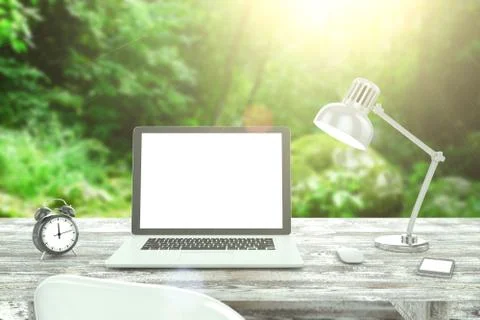 3D illustration laptop on table, Workspace on nature outdoor Stock Illustration