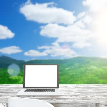 3D illustration laptop on table, Workspace on nature outdoor Illustrazione stock
