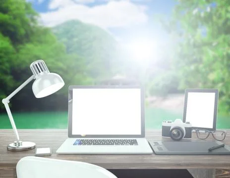 3D illustration laptop on table, Workspace on nature outdoor 스톡 일러스트