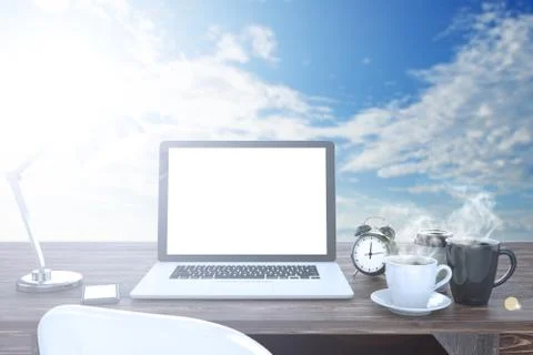 3D illustration laptop on table, Workspace on nature outdoor Stock Illustration