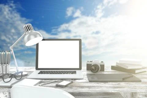 3D illustration laptop on table, Workspace on nature outdoor Stock Illustration