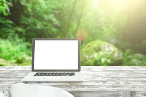 3D illustration laptop on table, Workspace on nature outdoor Illustrazione stock