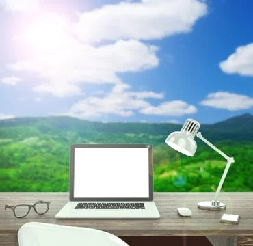 3D illustration laptop on table, Workspace on nature outdoor 스톡 일러스트