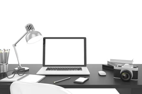 3D illustration laptop on table, Workspace 스톡 일러스트