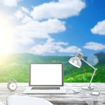 3D illustration laptop on table, Workspace on nature outdoor Illustrazione stock
