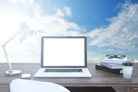 3D illustration laptop on table, Workspace on nature outdoor Illustrazione stock