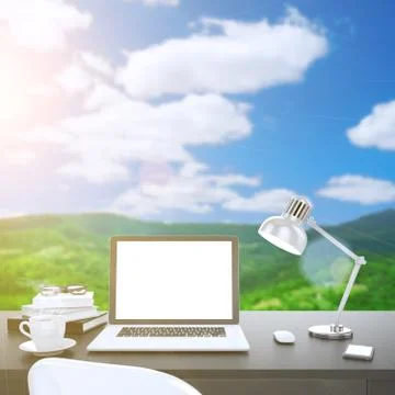 3D illustration laptop on table, Workspace on nature outdoor Stock Illustration