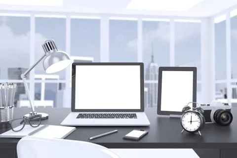 3D illustration laptop on table, Workspace on nature outdoor 스톡 일러스트