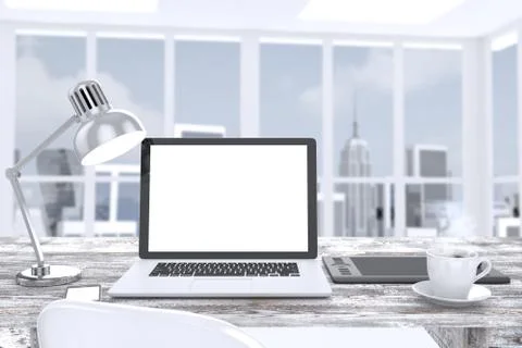 3D illustration laptop on table, Workspace on nature outdoor Stock Illustration