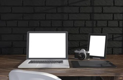 3D illustration laptopand work stuff on table near brick wall, Workspace 스톡 일러스트